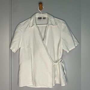 Edward Irish Linen Wrap Blouse with contrast stitch